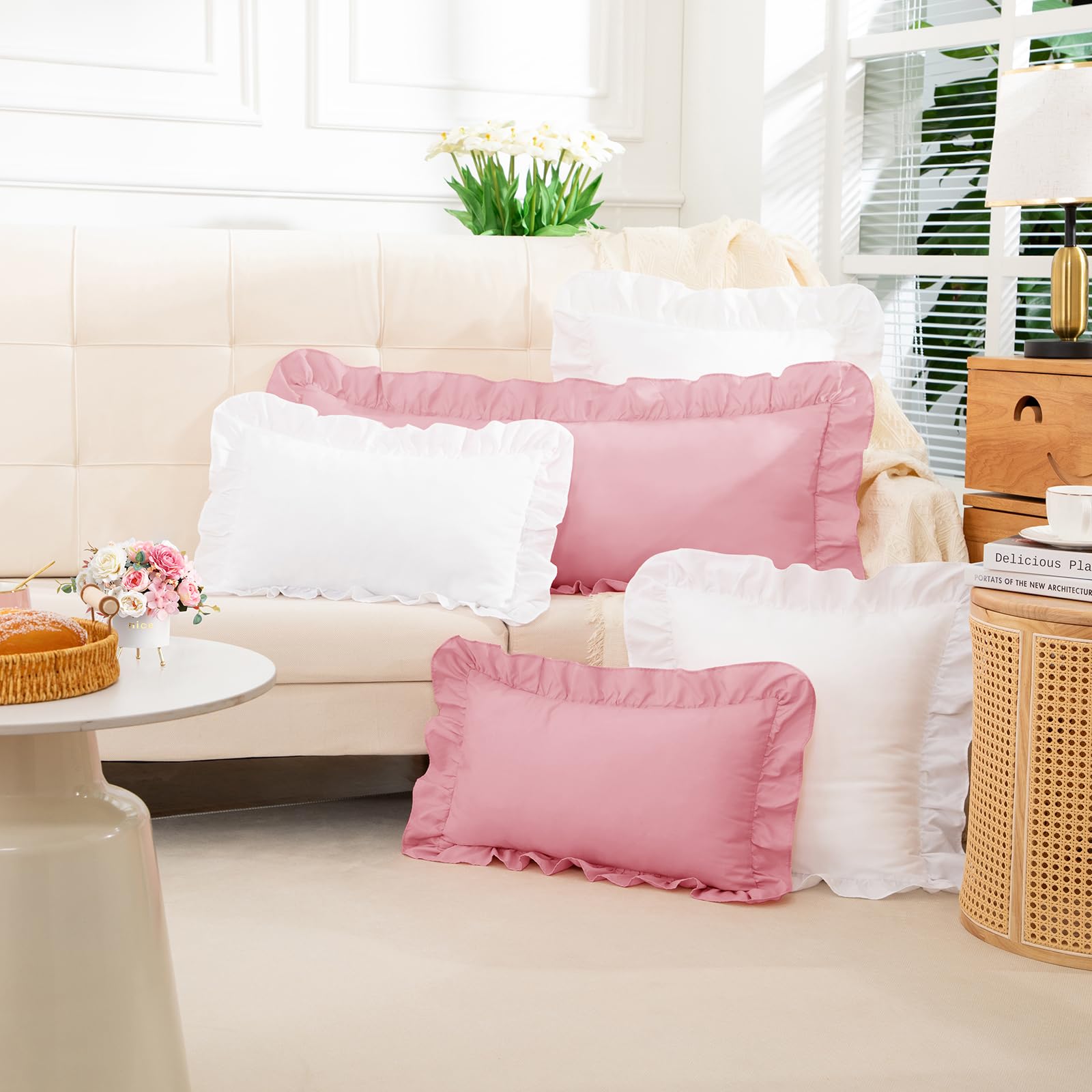 Yvrcen Pink Ruffle Lumbar Pillow Cover 12x20 Inch, Ruffled Cushion Case Covers for Couch Sofa Bed Living Room, Decorative Farmhouse Throw Pillow Cover, Pack of 1
