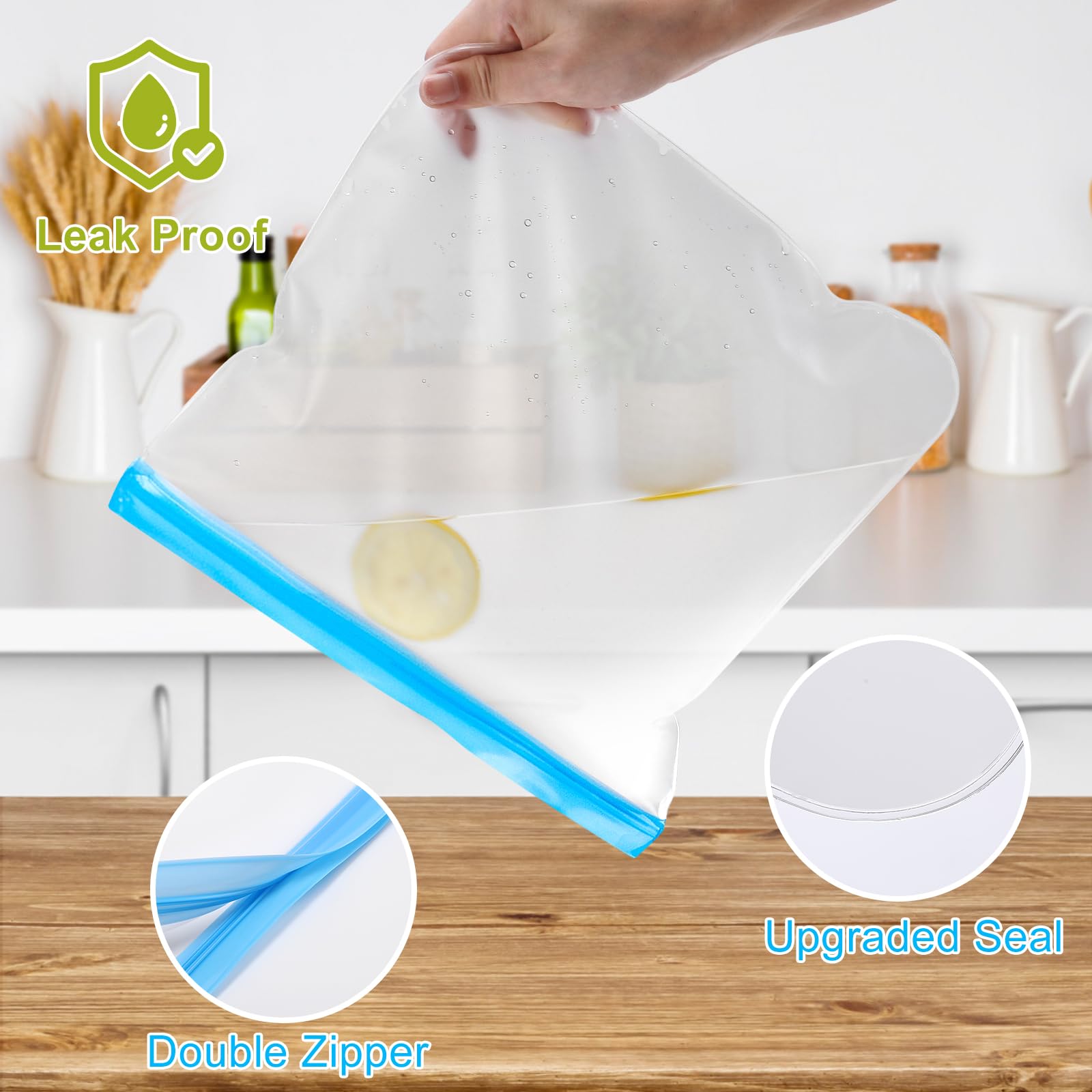 Lerine 6 Pack Reusable Gallon Freezer Bags Dishwasher Safe, BPA Free Reusable 1 Gallon Bags, Leakproof Food Storage Bags for Marinate Meats, Cereal, Vegetables, Home Organization(Gray, 6Gallon)