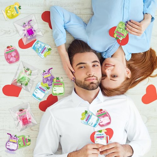 Lemicin 24 Pack Valentines Day Ice Cube Shaped Squeeze Balls with Drink Cards Stress Relief Squeeze Fidget Toys Exchange Gift for Kids Teens Adults Classroom Valentines Cards Party Favors