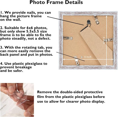 JCJMY 6x6 Picture Frame - Rustic White Wall Mount or Tabletop Display | Shatter Resistant Plexiglass