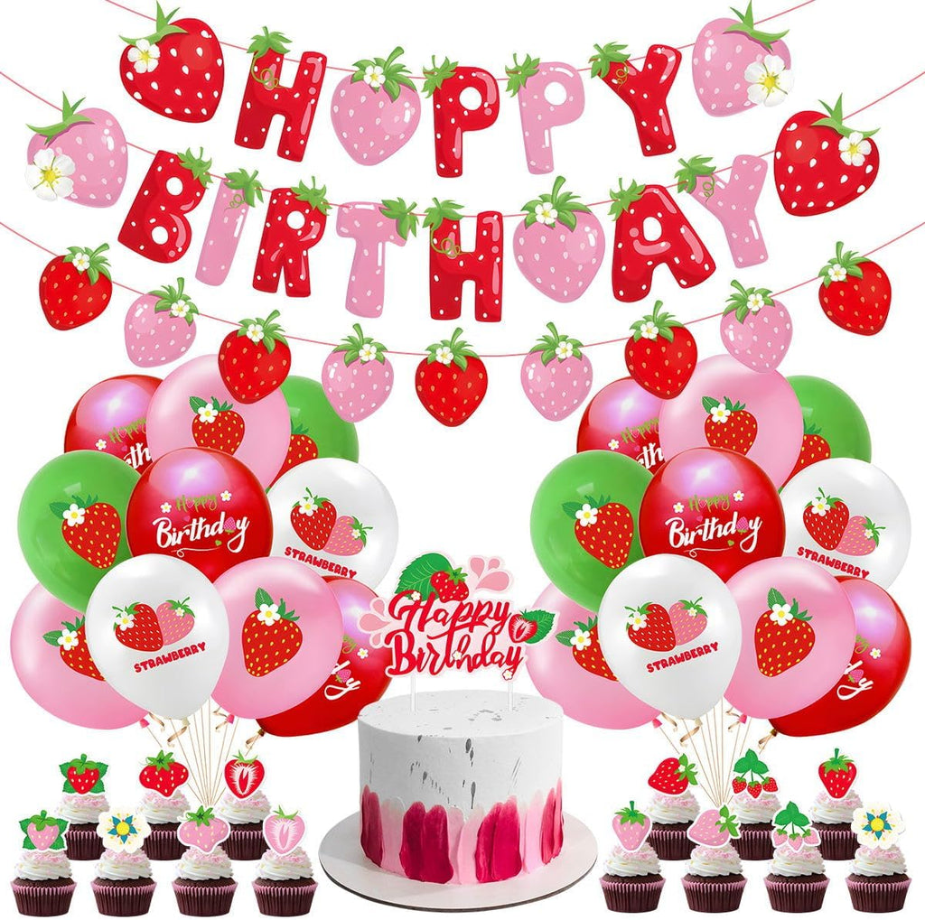 Strawberry Party Decoration Set - Balloons & Cake Toppers for Girls' Birthday | Fruit Theme Supplies