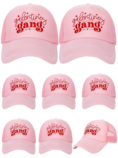 Suhine 8 Pack Galentine Gang Hat Bulk Galentines Day Party Supplies Valentine Gift Cap for Women Friends Pink Sleepover Party Supplies