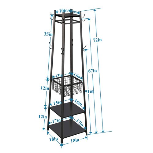 VECELO Coat Rack Freestanding,Hall Tree with Metal Basket and Storage Shelves,Industrial Coat Rack Stand with 8 Hooks for Hanging Coats/Hats/Bags/Umbrellas,18 x 18 x 72 In,Matte Black