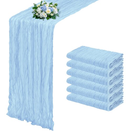 RealBox 6 Pack Baby Blue Cheesecloth Table Runner 17x108 Inch Semi Sheer Boho Gauze Cheese Cloth Fabric Table Runners, for Wedding Party Baby Shower Birthday Home Decor Garden Farmhouse