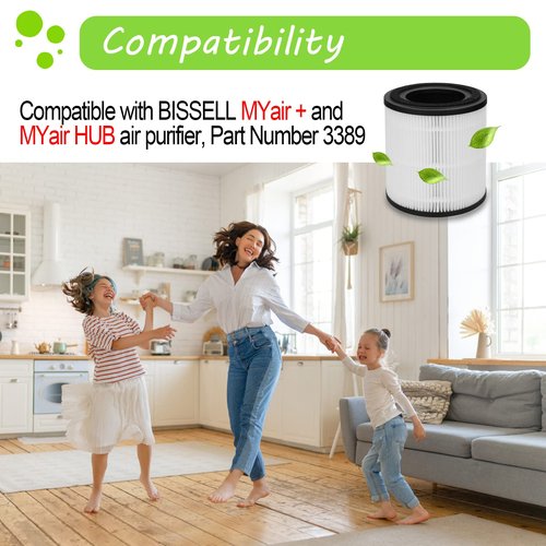 2 Pack 3389 Filter Replacement Compatible with BISSELL for MYair + and for MYair HUB 2905A & 3179A, Part Number 3389 (3-in-1 Replacement Filters), NOT for 2780A, 2780, 27809, 3139A (Black)
