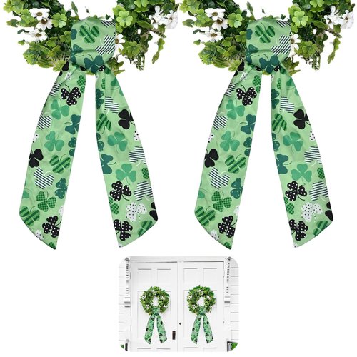 2Pcs St Patricks' Day Wreath Sash Green Shamrock Bow Front Door Spring Holiday Irish Clover Tree Sash for Wreath Front Saint Patrick's Day Decorations Supplies (55'' x 4.7'')
