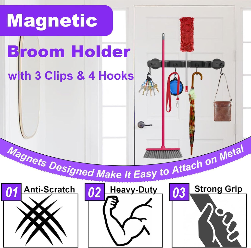Skiennix Magnetic Mop Holder - Heavy Duty Tool Organizer with Swivel Hooks | Ideal for Kitchen, Garage, Laundry