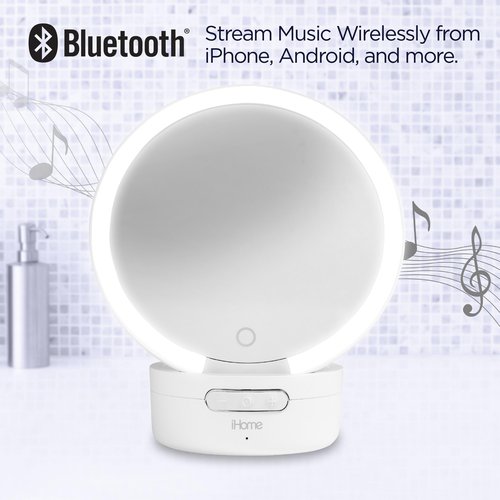 iHome Makeup Mirror with Lights and Bluetooth Speaker, Travel Mirror is Portable and Rechargeable – White (iCVBT9W.EXv24)