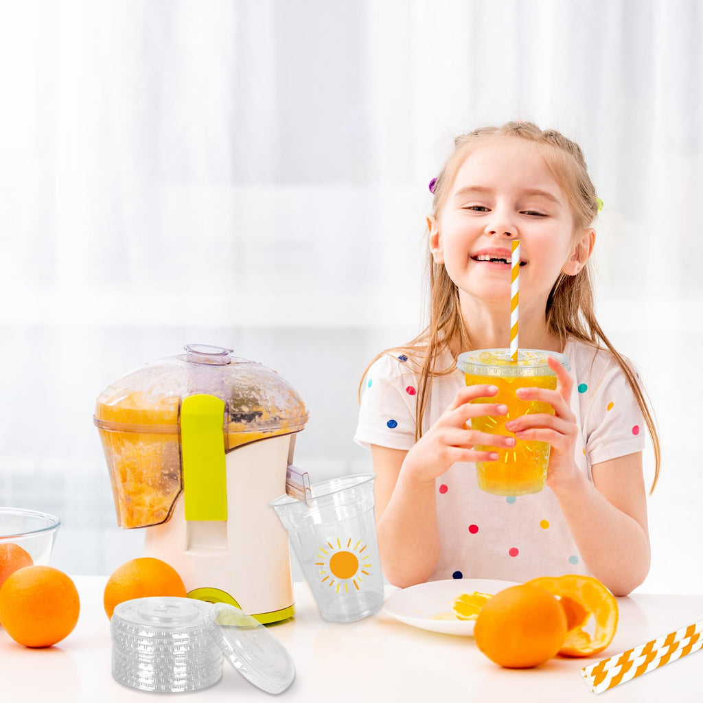 Whaline 50Pcs Boho Sun Disposable Plastic Cups with Lids and Straws 12 Oz Sunshine Cold Beverage Drinking Cups for Birthday Baby Shower Party Supplies