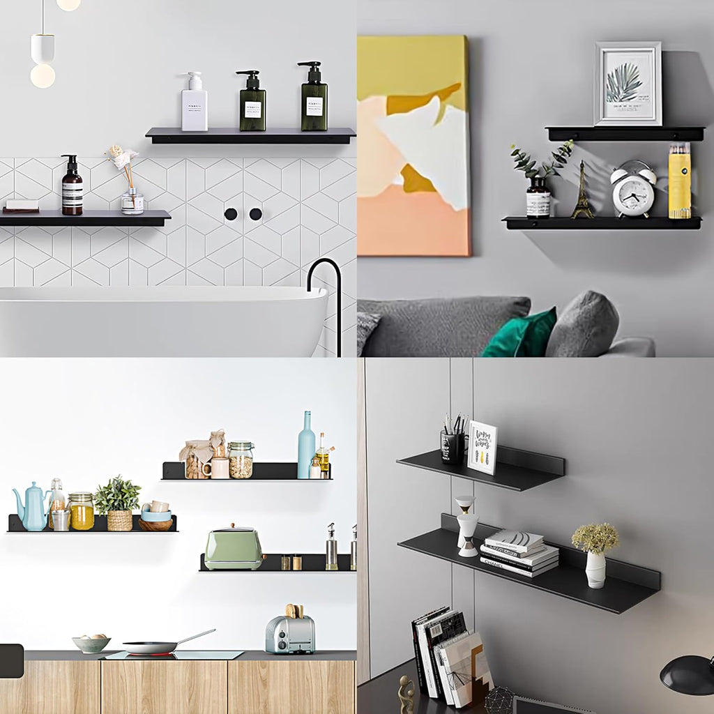 Wisfame Floating Shelves - Modern Wall-Mounted Metal Shelf Set of 2 for Living Room, Bedroom & Kitchen | 15.7in Black