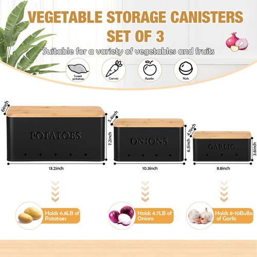 Honeydak 3 PCS Potato Onion Garlic Storage Bins Set, Metal Vegetable Keeper Containers with Lids Aerating Holes for Kitchen Counter Pantry Keep Fresh Longer Farmhouse for Sweet-potato Fruit(Black)