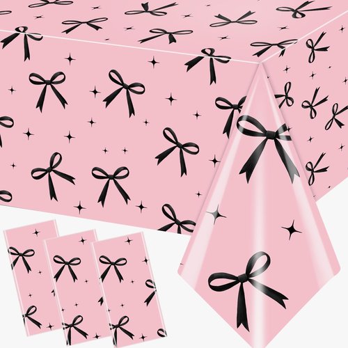 Guzbewu 3Pcs Pink Bow Tablecloth,Black Bow Table Decor,Coquette Birthday Decorations Black,Disposable Waterproof Party Supplies for Girls Baby Shower,Bridal Shower,Bachelorette Party