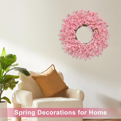 26 Inch Spring Wreaths for Front Door Large Valentines Spring Door Wreath Easter Wild Floral Summer Wreaths Outside All Season for Farmhouse Porch Wall Wedding Living Room Home Decor(Pink)