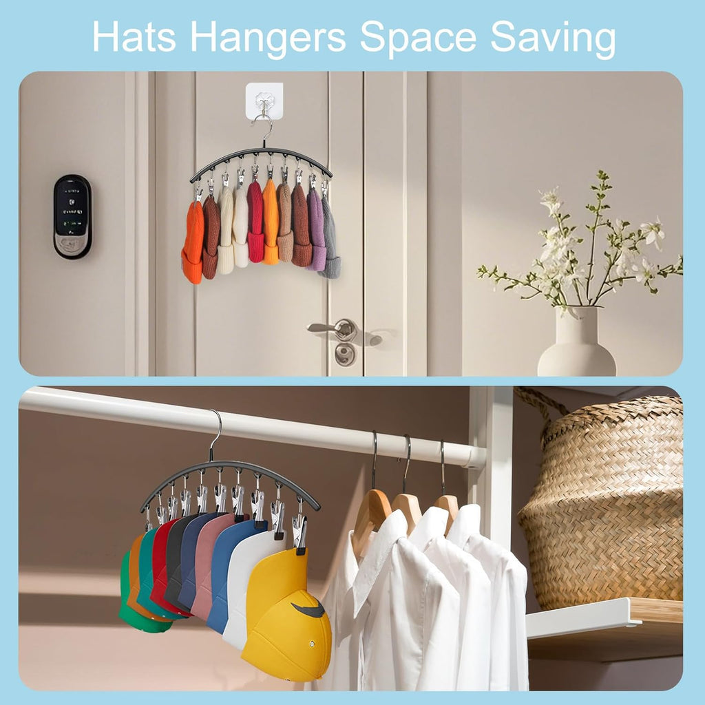 Skiennix Hat Hangers - Metal 2-Pack Hat Organizer with 10 Clips | Black Baseball Cap Holder for Closet