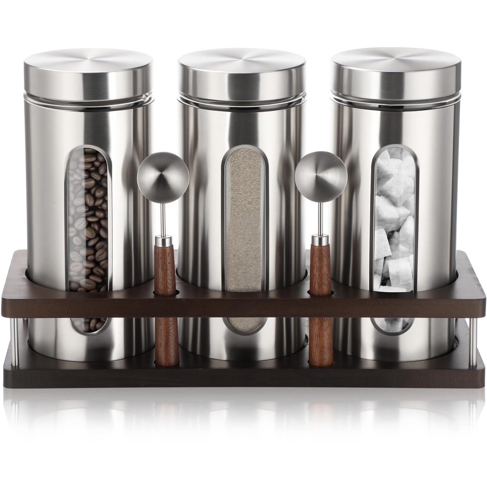 Suclain Stainless Steel Coffee Grounds Canisters with Shelf 3 x 50oz Sugar Coffee Bean Storage Container with Airtight Threaded Lid, Glass Window, Scoop Kitchen Storage Jar Set for Bar Creamer Nut Tea