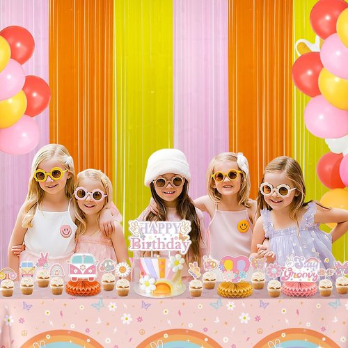 Groovy Foil Fringe Curtains Backdrop Birthday Party Decorations, 2 Pack 3.28 x 6.56 Ft Orange Yellow Pink Tinsel Streamer Photo Booth Props for Hippie Retro Boho Themed Party Decor Supplies
