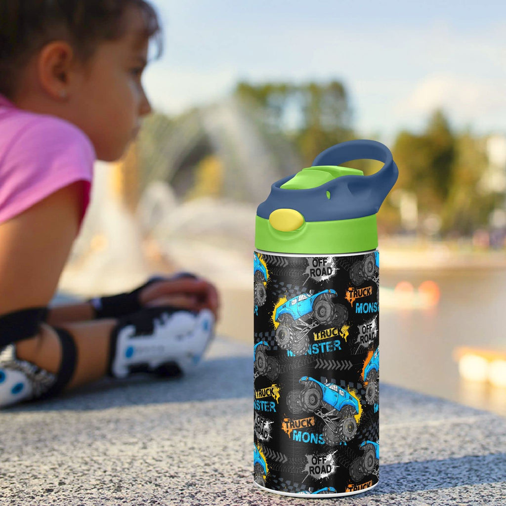Monster Truck Tires Insulated Stainless Steel Water Bottle for Kids Toddlers Steel Cup with Straw & Handle Kids Cups for Boys Girls School Office Travel Sports Gym
