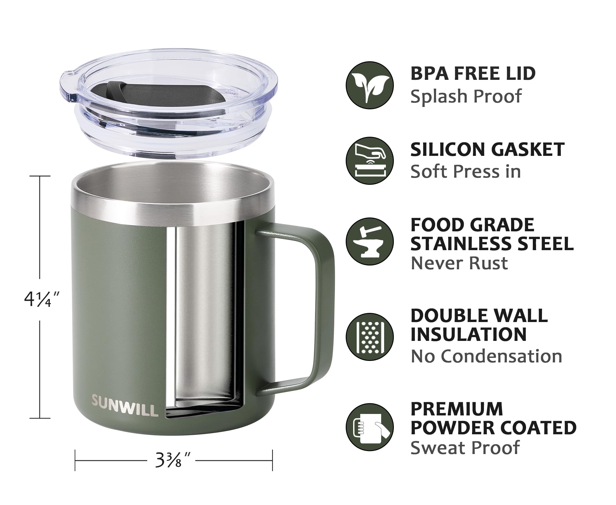 SUNWILL Travel Coffee Mug with Lid, Insulated Tumbler with Handle, 14 oz Stainless Steel Cup for Home, Office, Camping, Powder Coated Camp Green