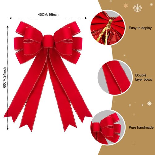2 Pcs Red Christmas Bows Outdoor Decorations - 16”x24” Large Christmas Tree Topper Bow, Velvet Wreath Bow with Glitter Gold Edge for Xmas Home Front Door Decor