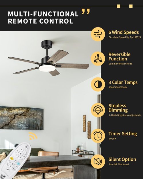 AUTELO 52" Ceiling Fans with Lights, Farmhouse Low Profile Ceiling Fan with Light and Remote, 3CCT 24W Flush Mount Ceiling Fan with 5 Blades and Reversible DC Motor for Living Room, F3696 BK-NW