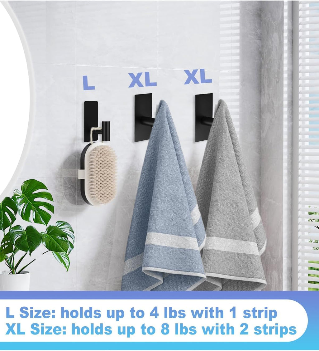 Skiennix Heavy-Duty Towel Hooks - Adhesive Wall Hooks with Removable Strips | X-Large Black 304 Stainless Steel