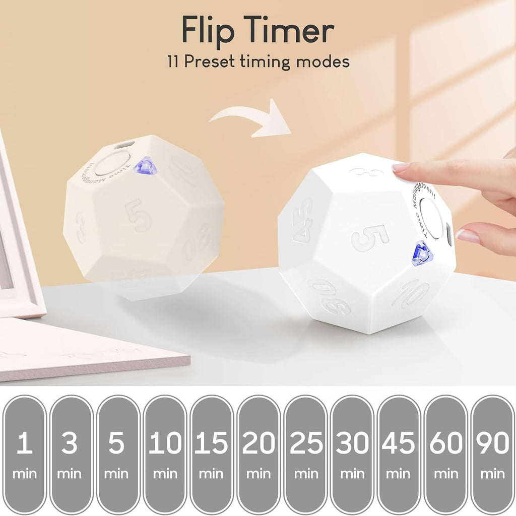 BEBESIRI Mini 12 Sided Cube Timer, 11 Preset Times Pomodoro Timer for Enhanced Productivity. Ideal for ADHD Management, Workout, Study & Kitchen Cooking. Easy to Use（White）