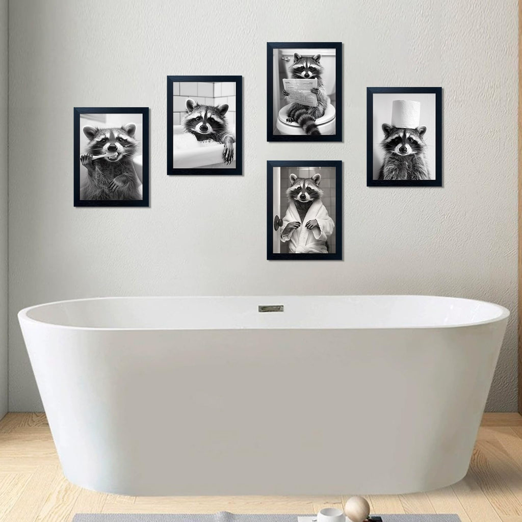 Raccoon Bathroom Art | Funny Black and White Animal Wall Decor | Framed Brushing Teeth Print