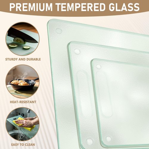 3 Pack Glass Cutting Boards for Kitchen Counter, Clear Tempered Glass Cutting Board Set with Handle (16"x12" & 12"x8" & 9"x6"), Scratch Resistant, Dishwasher Safe, Non-toxic, Easy to Clean