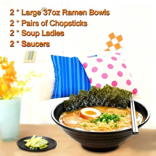 TEQKON (Set of 2) Unbreakable Japanese Style Ramen Bowl with Chopsticks Spoon & Dipping Bowl Saucers, Large Black Matte Melamine Bowls for Pho Thai Miso Udon Soup Noodles, Asian Food & Wonton