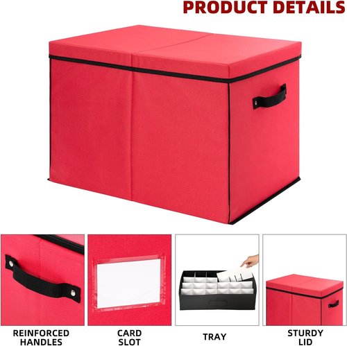 Inin Christmas Ornament Storage Box - Adjustable Dividers & Stackable Design | Holds 72 Balls, Red