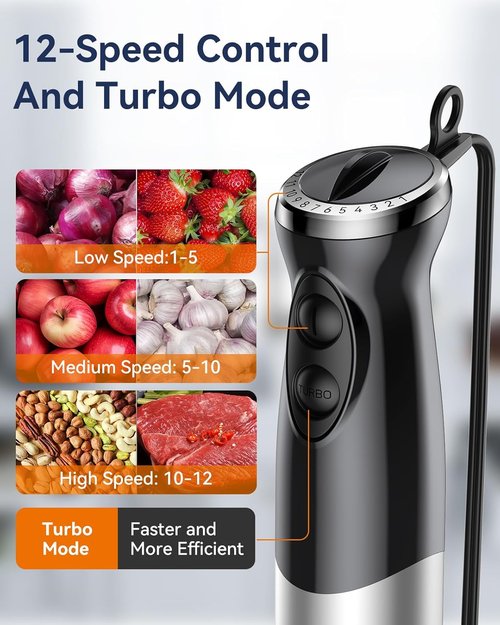 Immersion Blender 1000W - 5-in-1 Handheld Kitchen Mixer with 12 Speeds & BPA-Free Accessories