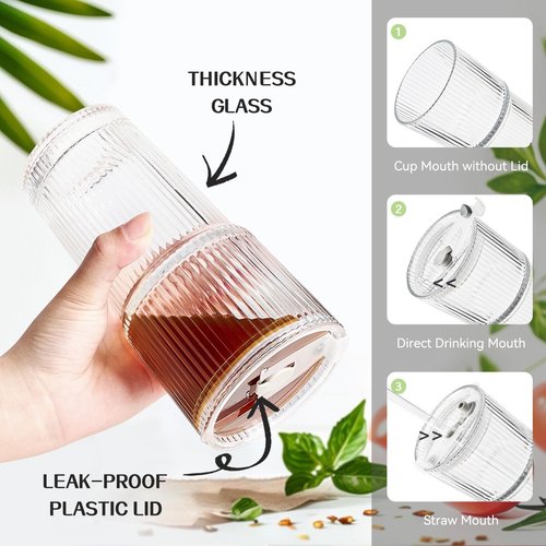 TUZAZO 20 Oz Ribbed Glass Tumblers with Lids and Straws - 4 Pack Glass Coffee Cups with Straws and Lids, Thicken Glass, Ideal for To Go Iced Coffee
