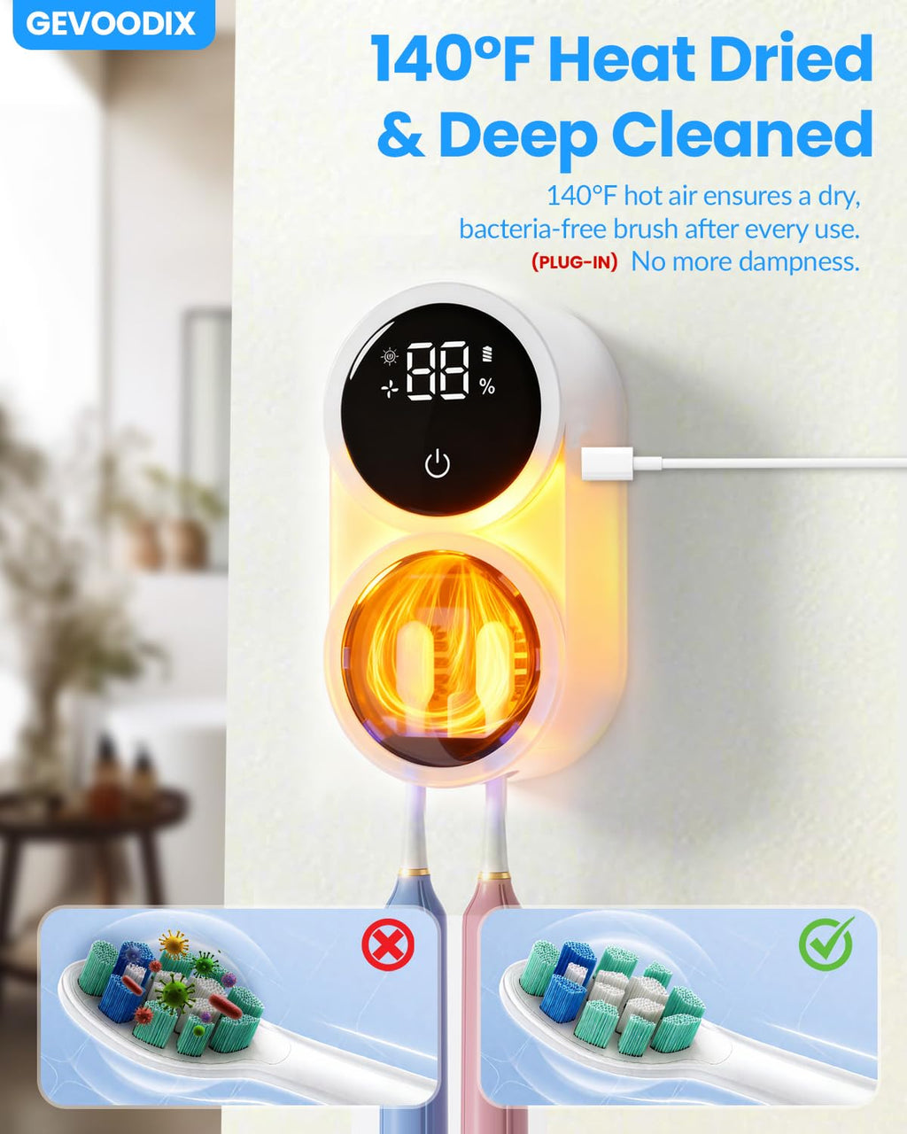 Toothbrush Sanitizer Holder, GEVOODIX Tooth Brush Holder for Bathroom, Wall-Mounted Toothbrush Holders Organizer Auto-Inductive Cover, 140℉ Air Drying Fits Most Electric, Manual and Kids’ Toothbrushes