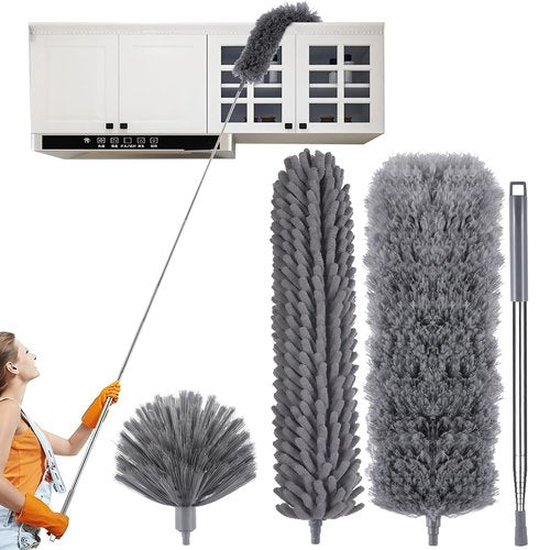 MUXUN 4 Pcs Microfiber Cobweb Duster with 100-inch Extendable Pole, Washable and Reusable Feather Cleaning Duster Kit with 3 Duster Heads,Dusters for Cleaning with Telescopic Pole for High Ceiling Fan