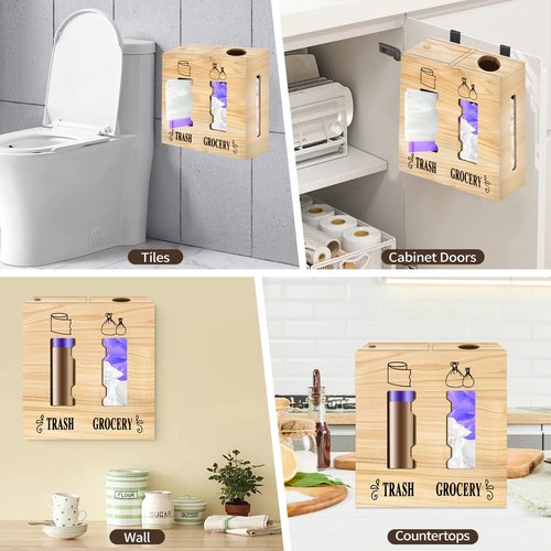 CMXZSAM 2 in 1 Trash Bag Dispenser and Grocery Bag Holder, Large Wooden Plastic Bag Holder, Wall Mount Trash Bags Holder for Grocery and Plastic Bags, Kitchen and Laundry Room Organization