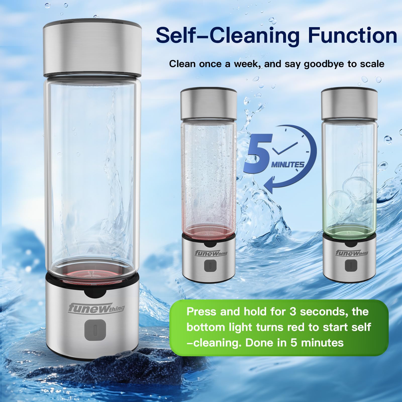 Hydrogen Water Bottle Generator, 2500ppb Portable Water Ionizer Machine with SPE/PEM Technology in 3-Minute Electrolysis, Rechargeable Hydrogen Rich Glass Cup for Home Office Travel & Fitness