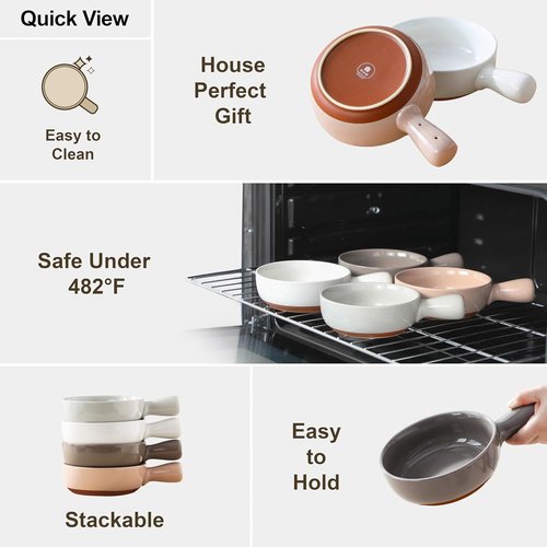 MALACASA 23 Oz French Onion Soup Bowls - Durable Ceramic Crocks with Handles | Set of 4, Multicolor
