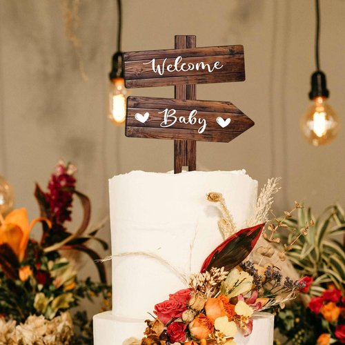 Rustic Welcome Baby Cake Topper in Wood Boy or Girl Announcement Neutral Wooden Cake Decoration for Baby Shower, Gender Reveal Party Decorations