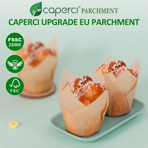 Caperci Natural Tulip Cupcake Liners - 150 Unbleached Parchment Paper Baking Cups for Parties & Events