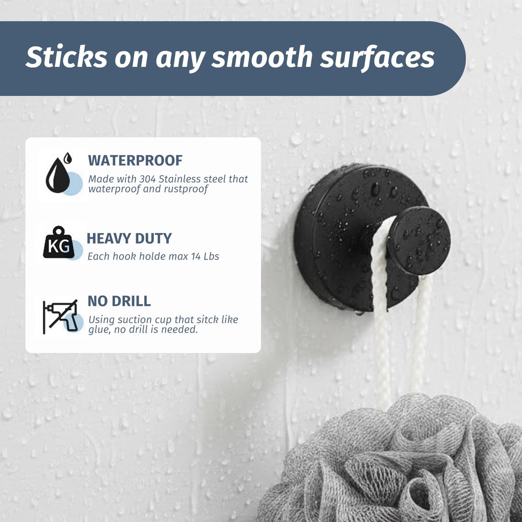 Rise age Suction Cup Hooks for Shower, Removable Towel Hooks for Bathrooms Wall Window, Glass No Drill Hooks for Hanging Wreath, Robe, Loofah 4 Pcs (Black, 4 PCs)