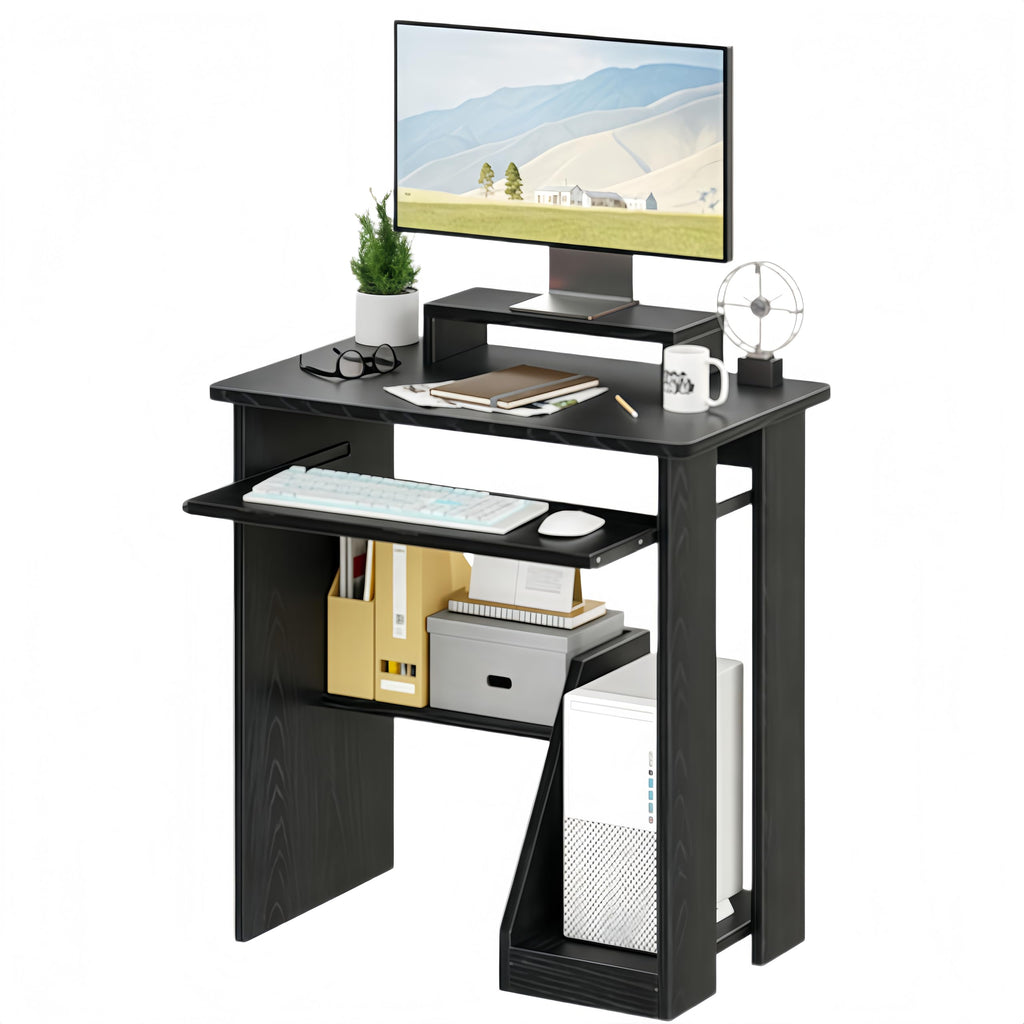 ALISENED 30" Small Computer Desk with Keyboard Tray Monitor Stand, Study Writing Desk with Storage Shelves, Modern Workstation for Small Spaces, Save Space, Black A