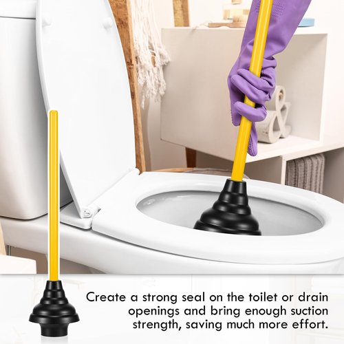 Baderke 4 Pcs Heavy Duty Toilet Plunger with Long Wooden Handle Force Suction Cup 26.38"x5.51" Black Rubber Toilet Plunger Removes Clogs Without Holder for Bathroom Drains Sink