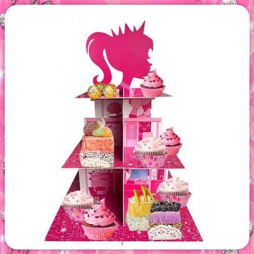 Zliisang Pink Princess Cupcake Stand 3-Tiered Pink Dessert Table Displays Centerpieces for Girls Birthday Party Decorations Princess Baby Shower Table Decorations