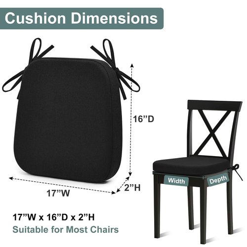 Shinnwa Dining Chairs Pads Set of 4, Patented Design Memory Foam Kitchen Chair Cushions with Ties and Washable Cover, 4 Pack, 17" x 16" x 2", Black