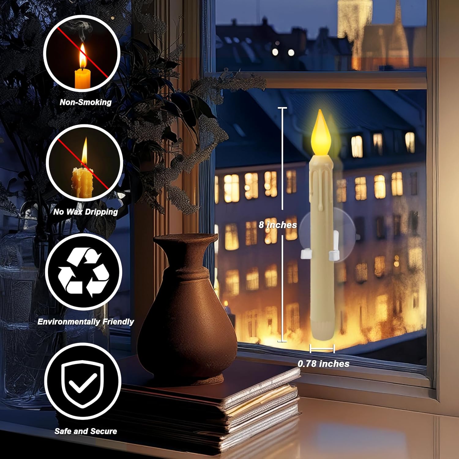 Skiennix 6 Pcs Sensor Window Candles - Flickering LED Lights with Suction Cups | Warm Yellow Glow for Holiday Decor