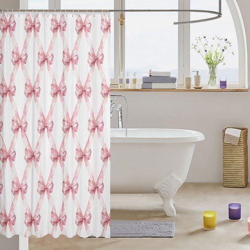 Cute Shower Curtain Pink Bow Fabric Shower Curtains for Girls Bathroom Modern Aesthetic Cloth Shower Curtain Set with Hooks 72x72 Inch,Bowknot Pattern Waterproof Bath Curtains for Bathtub,Pink Bow