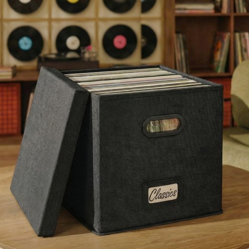 ZICOTO Decorative Vinyl Record Storage Box for 50+ Single Records - Sturdy and Easy to Carry LP Holder with Lid - The Perfect Storage Crate for Your Valuable Album Collection