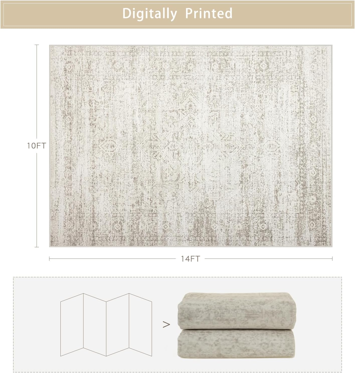 Srugn Washable Area Rugs - Ultra Soft Faux Wool 10x14 for Living Room & Bedroom | Non-Slip Vintage Design