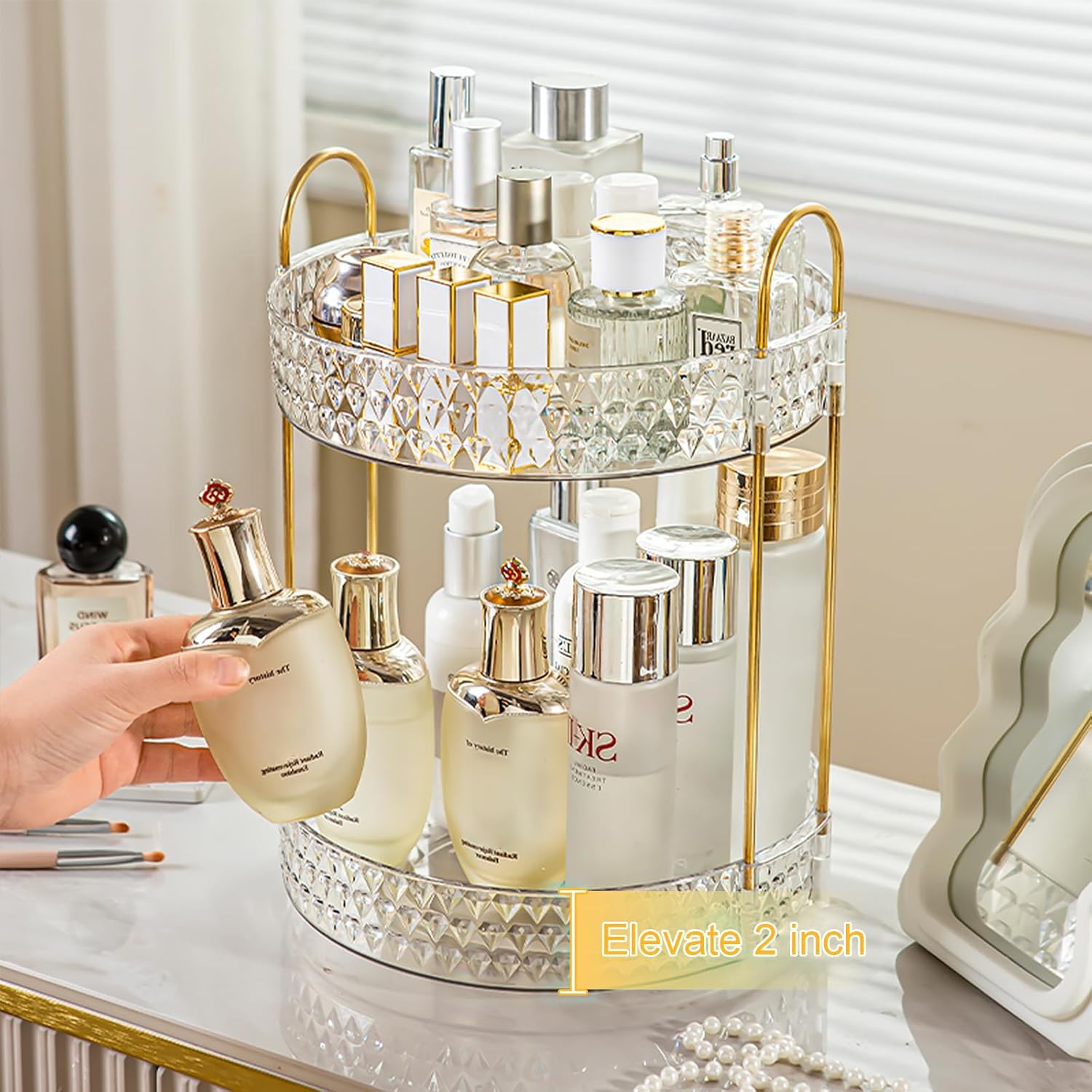 Skiennix Rotating Makeup Organizer - 2 Tier Perfume & Skincare Storage for Vanity | 360 Spinning Clear Holder