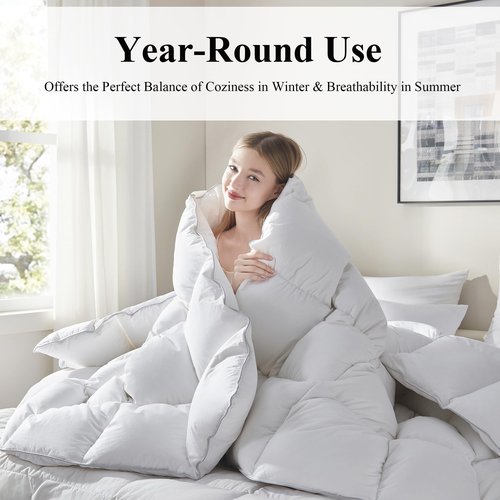 Ubauba Goose Feather Down Fiber Comforter Queen Size - All Season White Fluffy Duvet Insert - Luxurious Hotel Bedding Comforter - Ultra Soft 100% Cotton Cover, Medium Warmth (90x90 Inch)